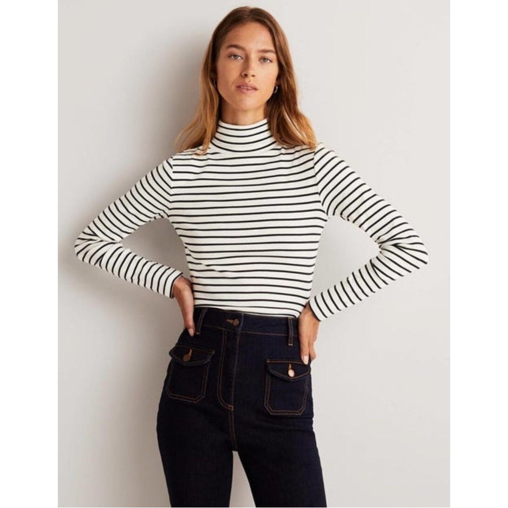 Boden Essential Roll-neck Top Stripe Turtleneck Size S Ivory Navy